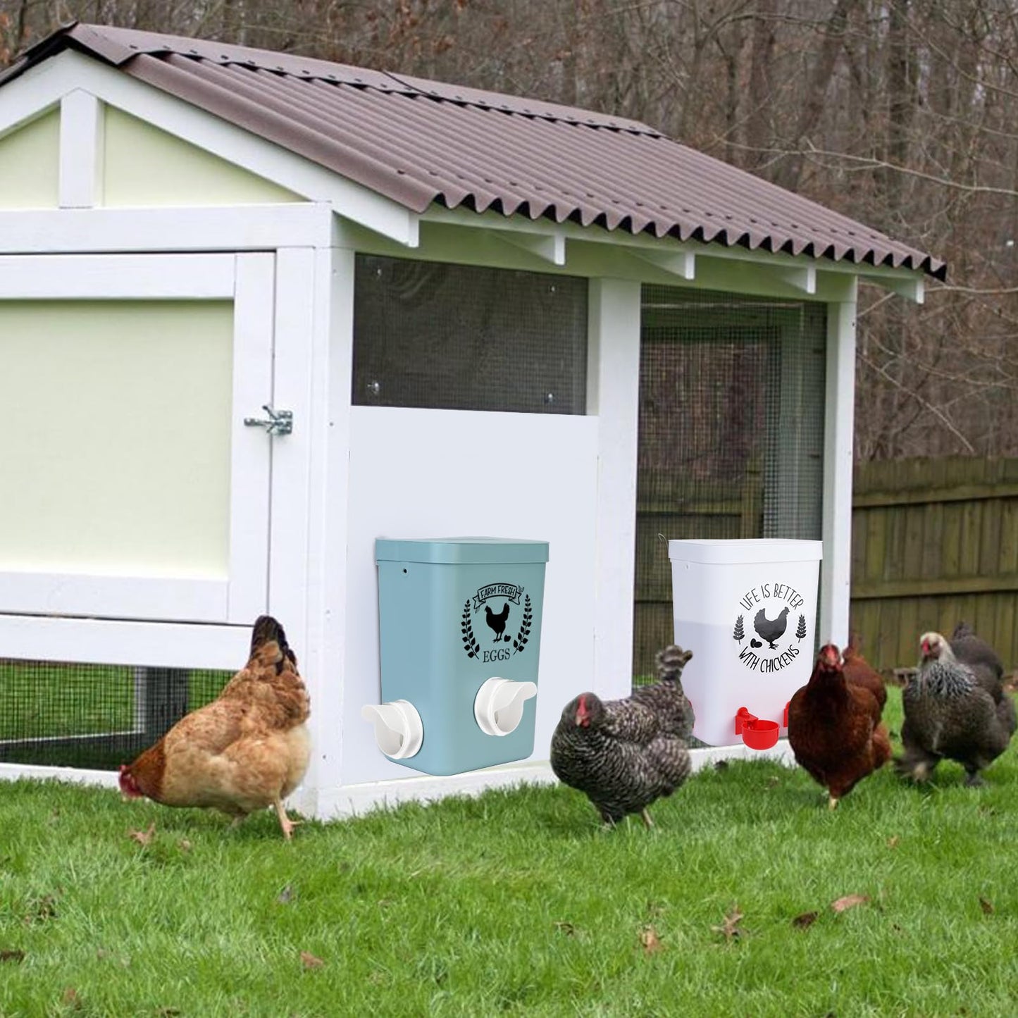 ‎Tgeyd Chicken Feeder and Chicken Waterer Set (3 Gallon/26 Pounds) - Hanging Automatic Chicken Feeder No Waste - Chicken Coop Accessories - Poultry Waterer