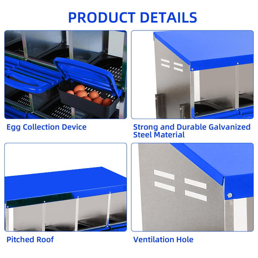 Chicken Nesting Boxes, 8 Hole Metal Chicken Laying Box with with Removable Trays and Roll Out Egg Collection for Chicken Coop, with Metal Bracket, Blue
