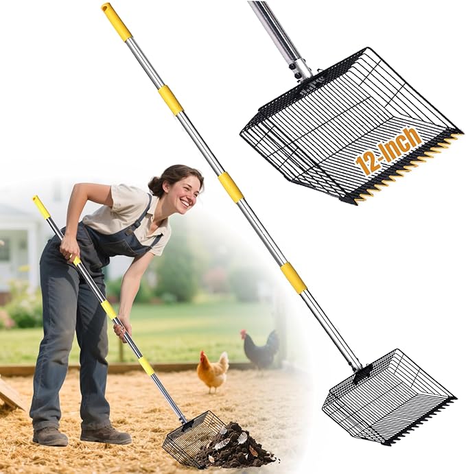 Chicken Coop Poop Scooper with Rake - Ergonomic 12" Sand Sifter Scoop, 65"Adjustable Long Handle, Heavy Duty Litter Pooper Cleaning Tool for Dust Bath,Chicken Run,Dog Yard, Farm Animals