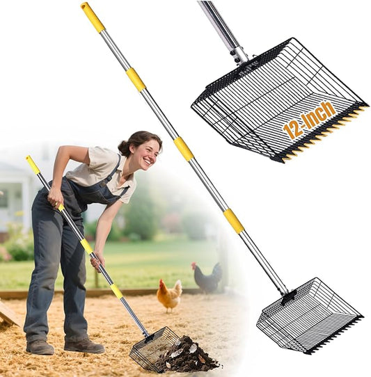 Chicken Coop Poop Scooper with Rake - Ergonomic 12" Sand Sifter Scoop, 65"Adjustable Long Handle, Heavy Duty Litter Pooper Cleaning Tool for Dust Bath,Chicken Run,Dog Yard, Farm Animals