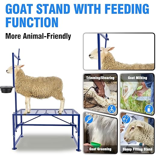 Goat Stand for Milking with Feed Bin, 600LBs Goat Milking Stand for Sheep Trimming Hoof, Use for Livestock, Iron Blue, Adjustable Size