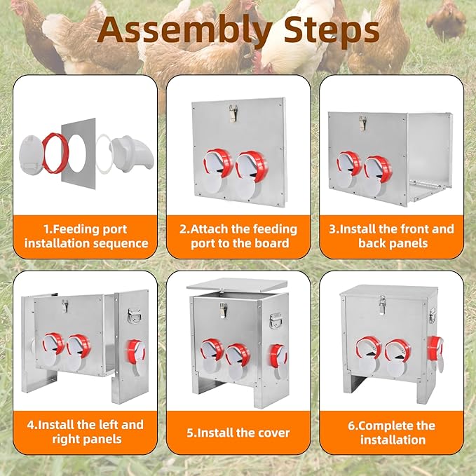 Automatic Poultry Chicken Feeder No Waste Metal Large Capacity 30 lbs Feeders for Chickens Ducks, Geese Bantams Pheasants Coop Weatherproof (4-Port)