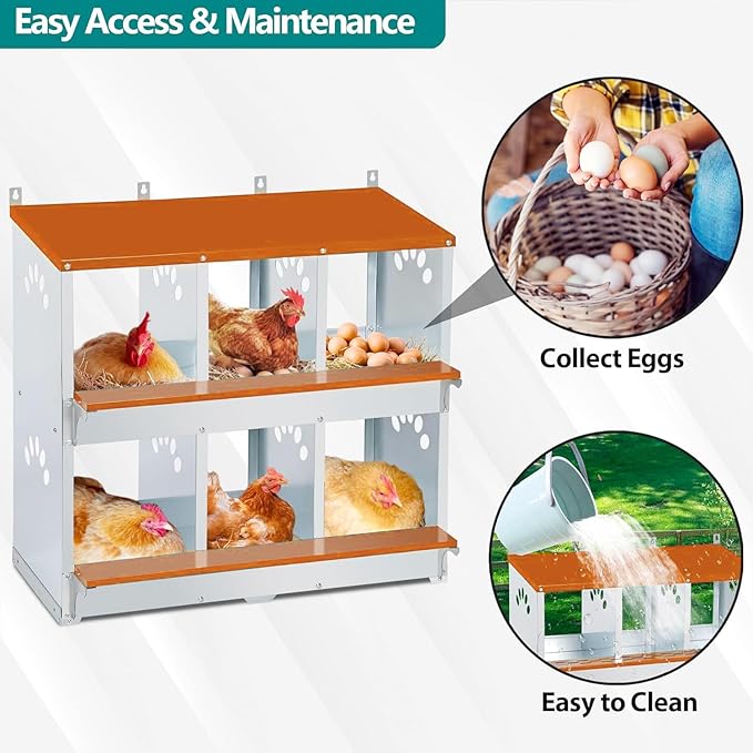 6 Compartment Chicken Nesting Box, Metal Nesting Boxes for Chicken, Indoor & Outdoor Use, Wall Mountable Laying Boxes for Hens, 31.9" L x 13" W x 25" H, Orange