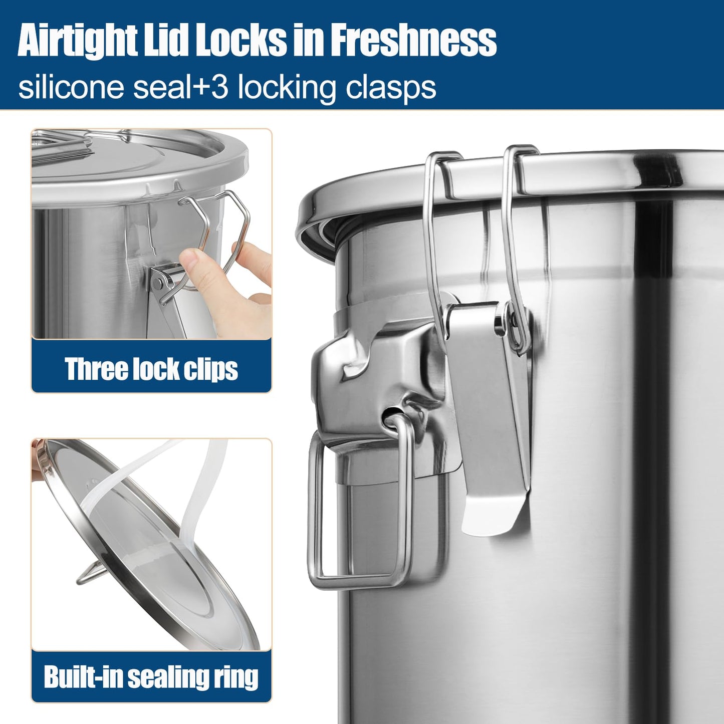 304 Stainless Steel Airtight Canister, 3.17Gal/405oz Airtight Food Storage Container with Lid and Lock Clips, Large Metal Pantry Storage Canister for Coffee Beans, Flour, Tea, Sugar, Cereals
