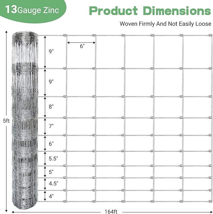 5ft x 164ft Farm Fence, Wire Fence Rolls, Galvanized Farm Fence, Cattle Fence, Hog Wire Fence Panels, Heavy Duty Wire Mesh for Deer, Pig, Sheep Enclosure for Yard, Garden, Field Use-13 Gauge