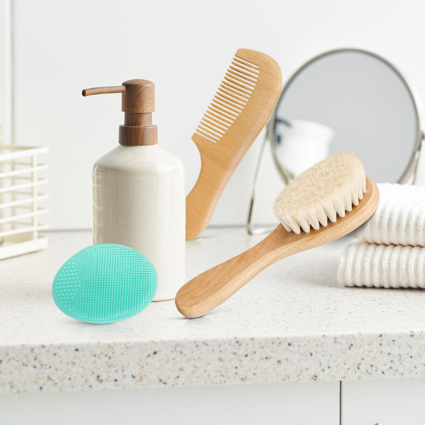 Molylove Baby Hair Brush with Wooden Handle and Comb Set for Newborns & Toddlers | Natural Soft Goat Bristles l Wood Comb l Green Cradle Cap Brush | Ideal for Cradle Cap (3 Piece)