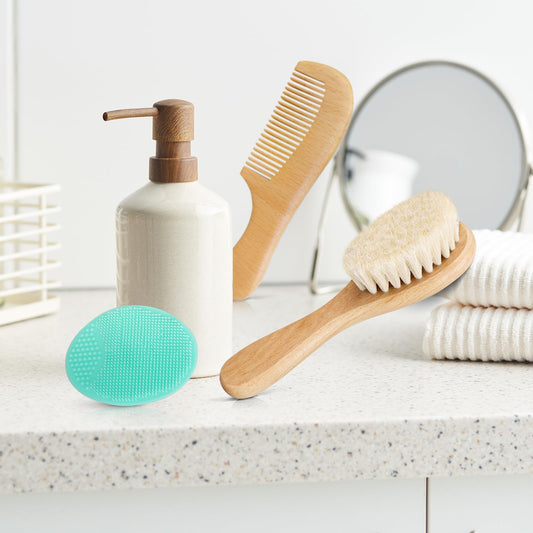 Molylove Baby Hair Brush with Wooden Handle and Comb Set for Newborns & Toddlers | Natural Soft Goat Bristles l Wood Comb l Green Cradle Cap Brush | Ideal for Cradle Cap (3 Piece)