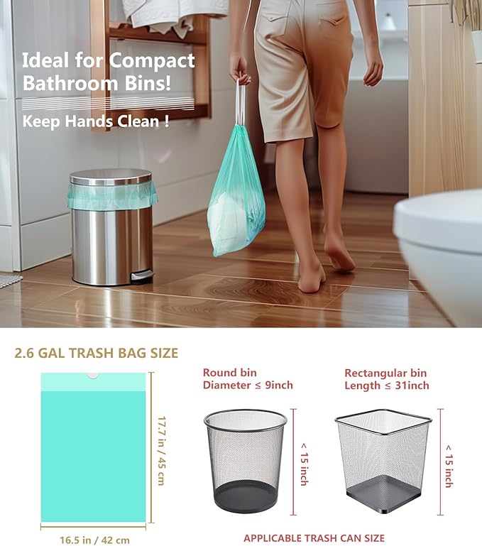 Small Trash Bags, AYOTEE 2 Gallon Trash Bag Drawstring Compostable Trash Bags, 2.6 Gallon Trash Bag Bathroom Trash Bags Compost Bags Waste Basket Liners for Bathroom, Office, Pet (50 Count Green)