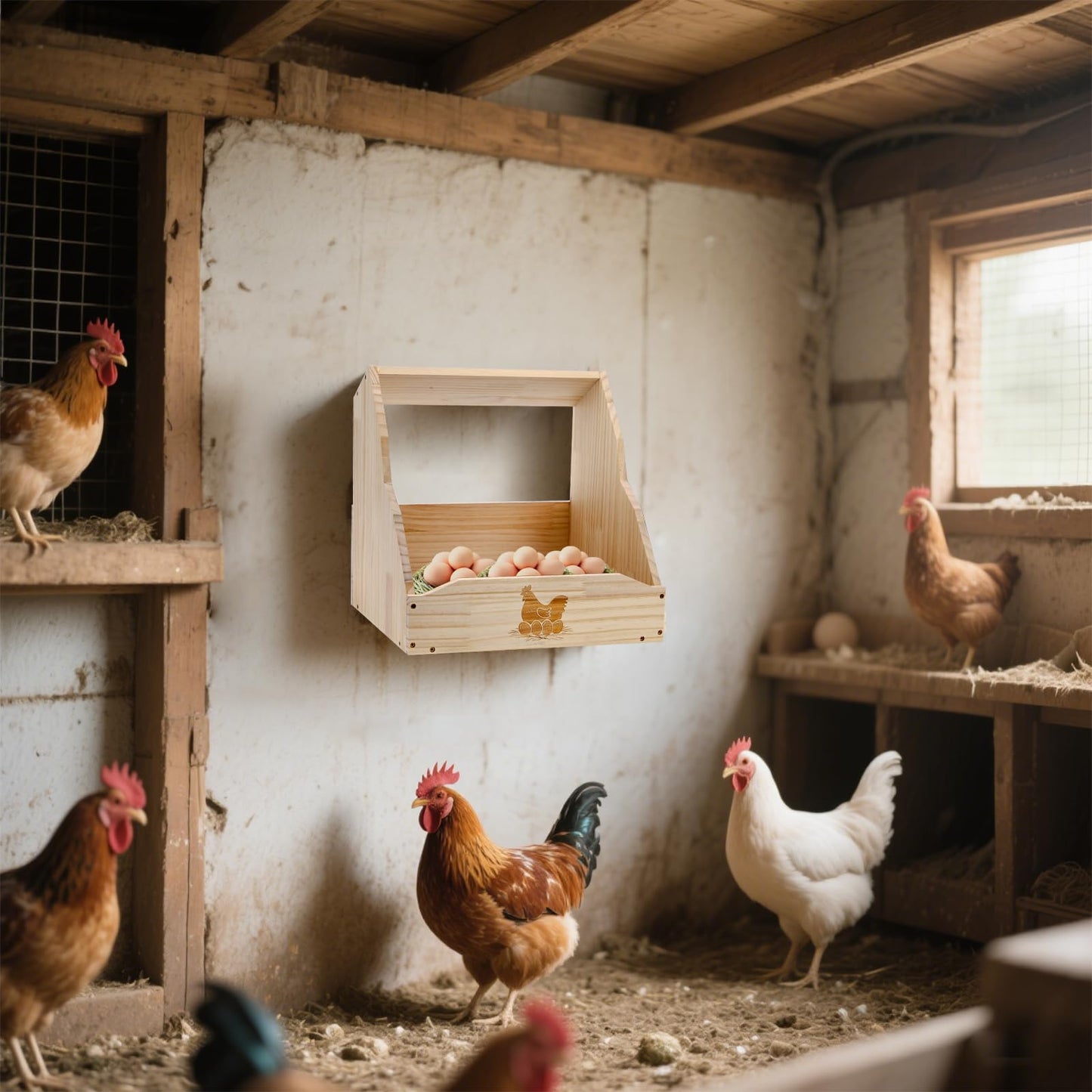 YIMITEE Chicken Nesting Box, 15"x13.5"x15" Wooden Chicken Coop with Pad, Wall-Mounted Nest Box for Laying Eggs, Large Single Compartment Hen Laying Boxes for Duck, Bird, Dove, Poultry, Farm