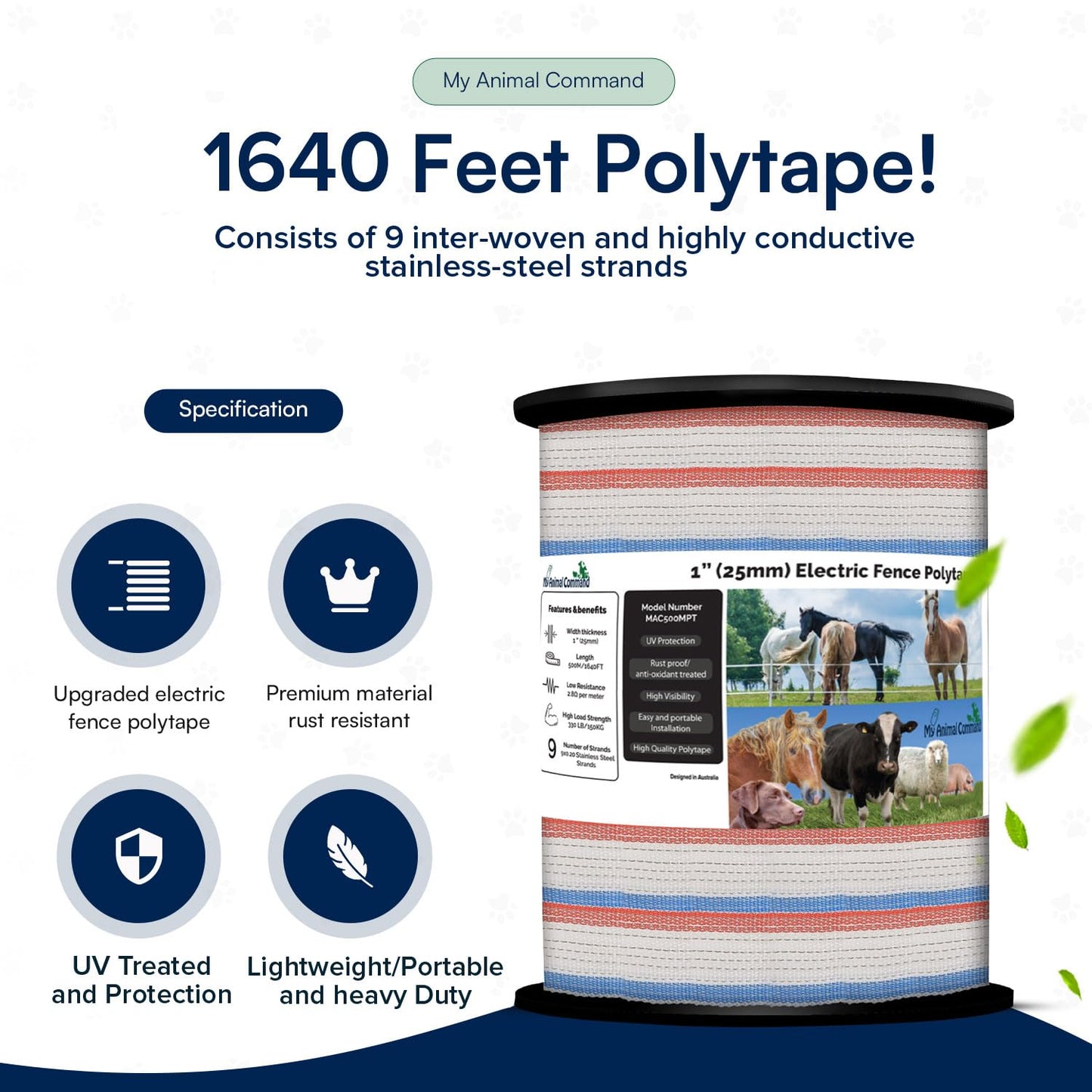 My Animal Command 1 Inch Wide Electric Fence Polytape for Containment of Livestock, Horses Farm Animals Garden Deer Hot Wire with High Visibility - 1640 Feet/500 Meter Length Drums