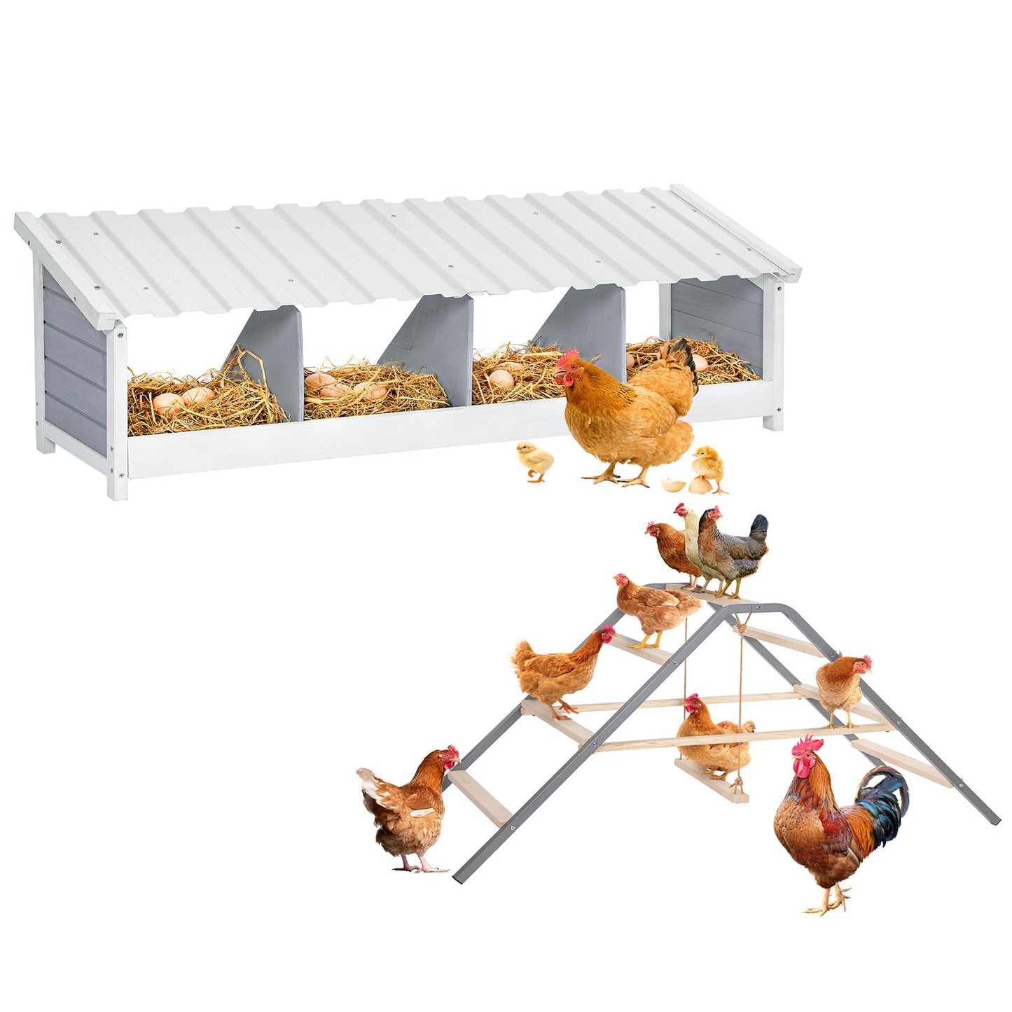 PETSFIT 4 Holes Chicken Nesting Box-All Weather PVC Roof and Chicken Perch