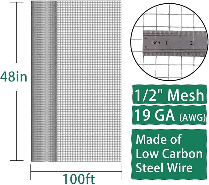 SEBOSS Hareware Cloth 1/2 inch 48 x 100 Ft 19-Gauge, Hot-dip Galvanized After Welding, Chicken Wire Fencing, Gopher Wire, Wire Mesh Roll, Wire Cloth, and Long-Lasting Wire Fencing Use