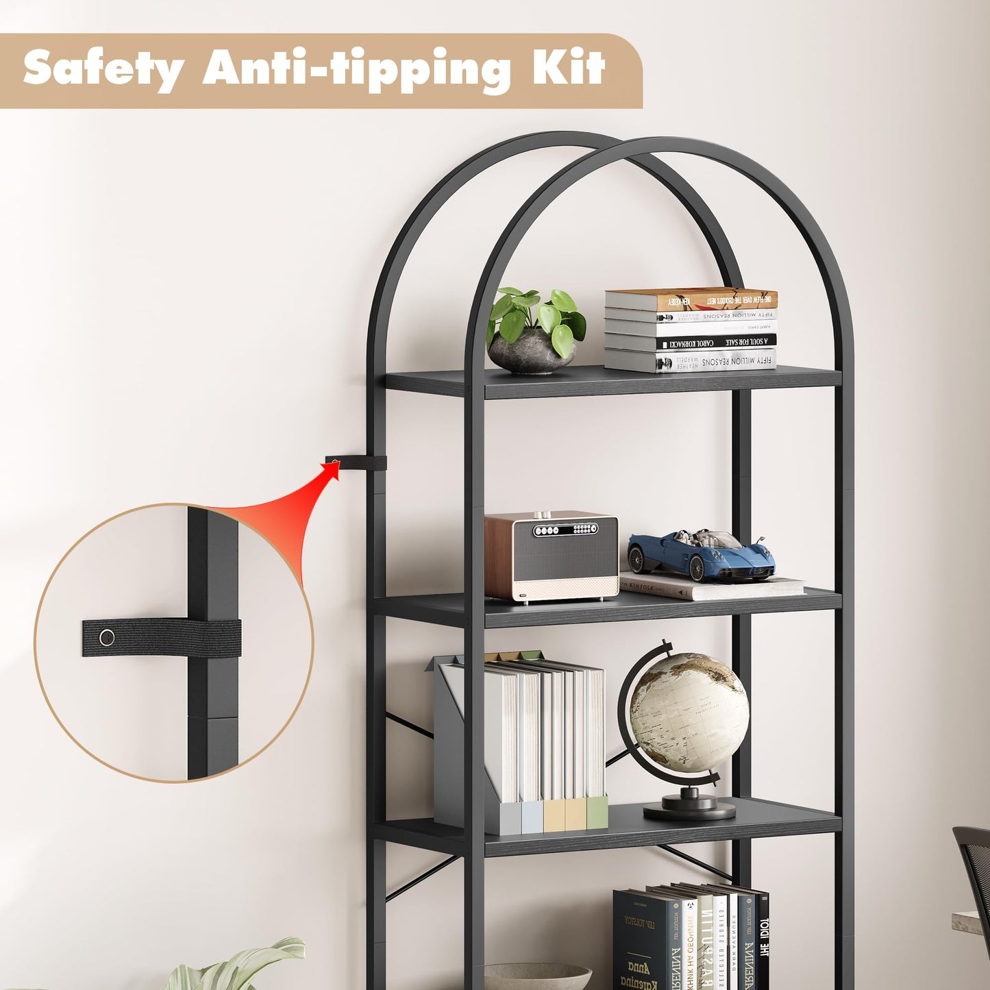 IDEALHOUSE Bookshelf 5 Tier Bookcase Arched Display Racks Tall Standing Bookshelves Metal Frame Open Storage Rack Shelf Large Black Book Shelf for Bedroom, Living Room, Home Office