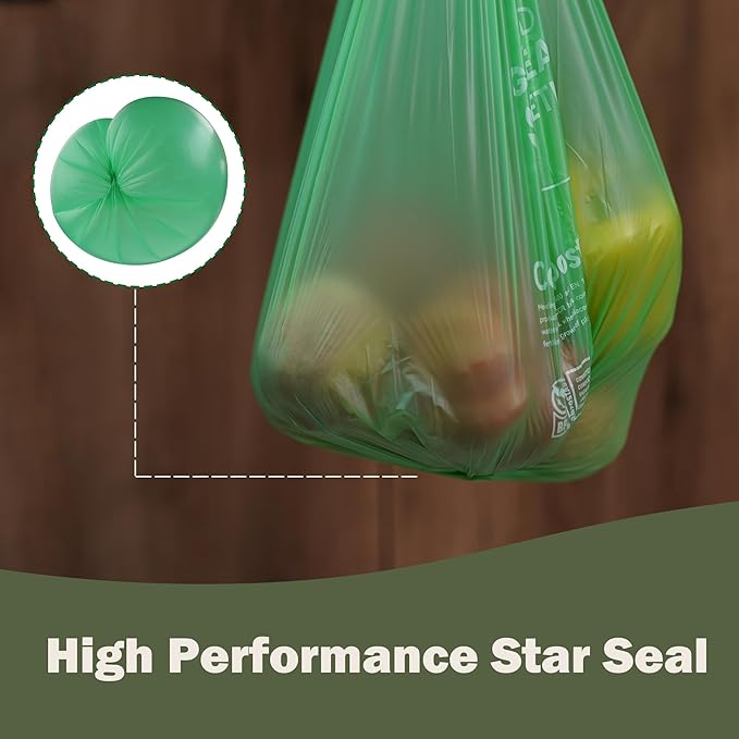 Compost Handle Bags 1.6 Gallon 6Liter Extra Thick 0.6 Mils Compostable Food Scrap Waste Bags with US BPI ASTM D6400 and Europe OK Compost Home Certified Green 40 Couts