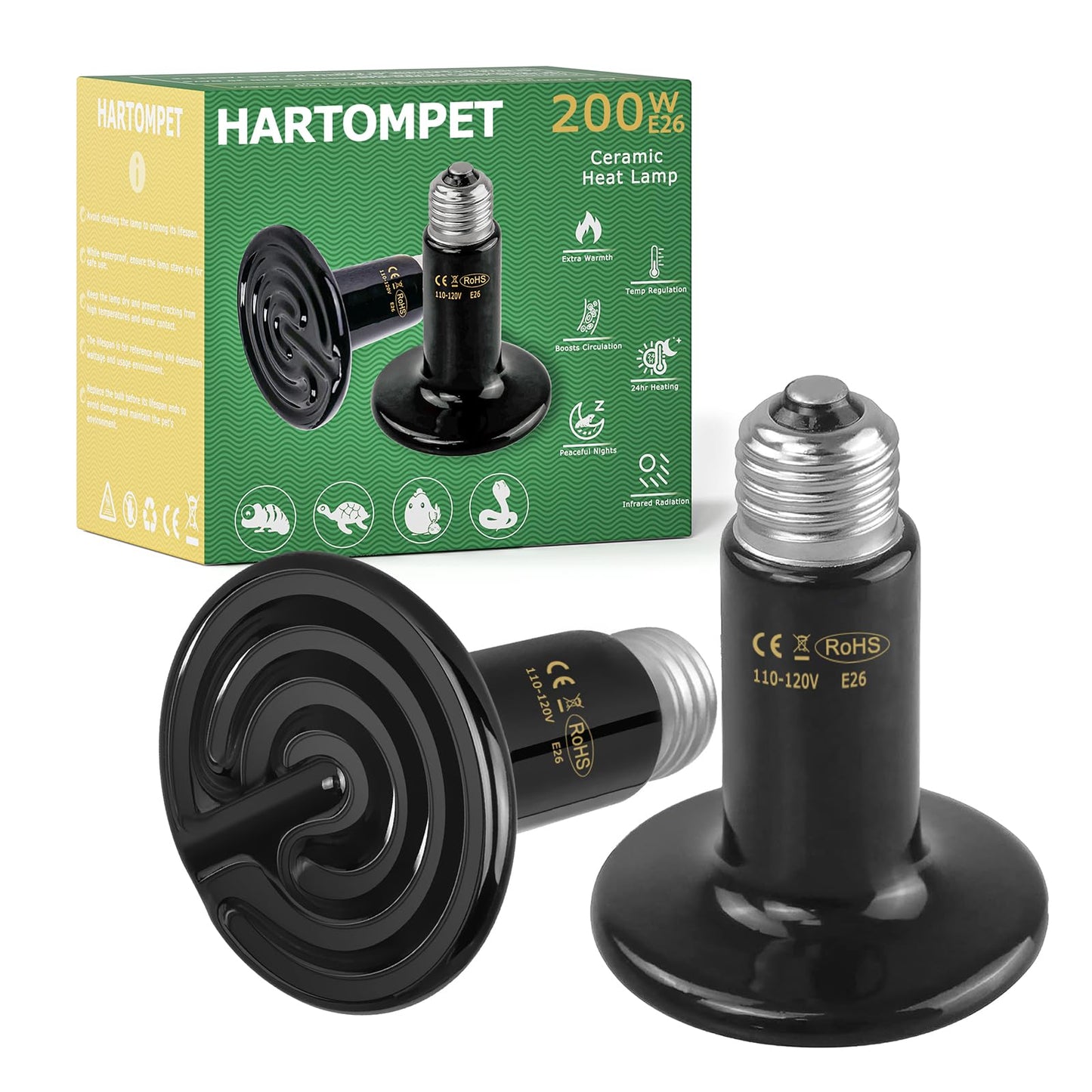 HARTOMPET 200W Ceramic Heat Emitter - Black Reptile Heat Bulb - Infrared Reptile Heat Lamp for Lizards, Amphibians, Turtles, Dogs, Cats - Ideal for Pet Heating - No Light, No Harm - ETL Listed