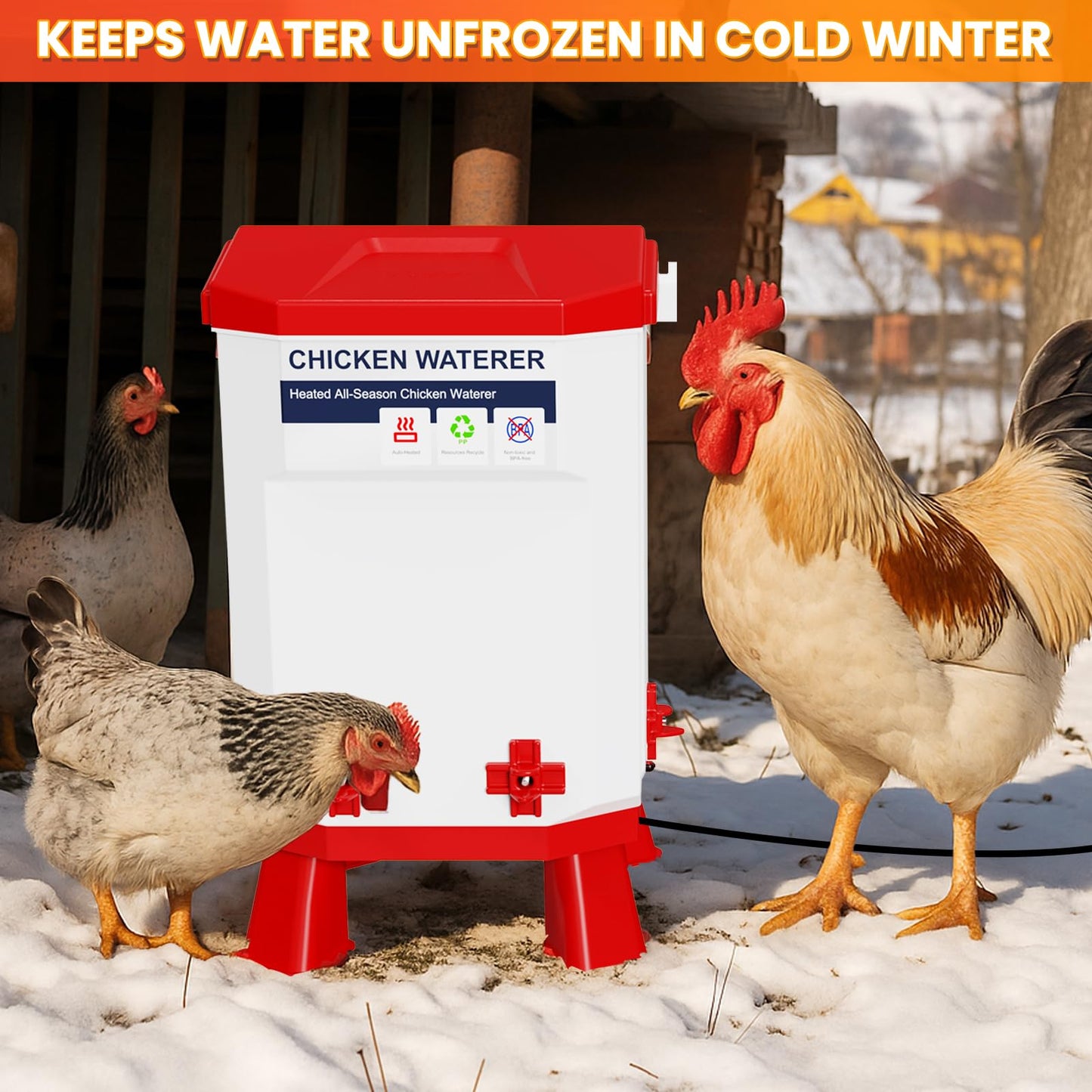 Nexum Heated Chicken Waterer - 2 Gallon Winter-Proof Poultry Drinker with Nipples and Stand, Auto Thermostat for Chickens, Ducks & Quail - Freeze-Resistant, Easy Fill (Red, 2 Gallon)