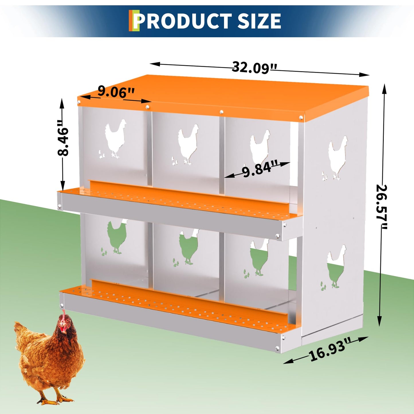 FinerFurnis Chicken Nesting Box with Removable Tray, 6 Compartment Nesting Boxes for Chickens, Easy to Clean and Install, Durable Chicken Laying Boxes for Chicken Coop, Protects Eggs(Orange)