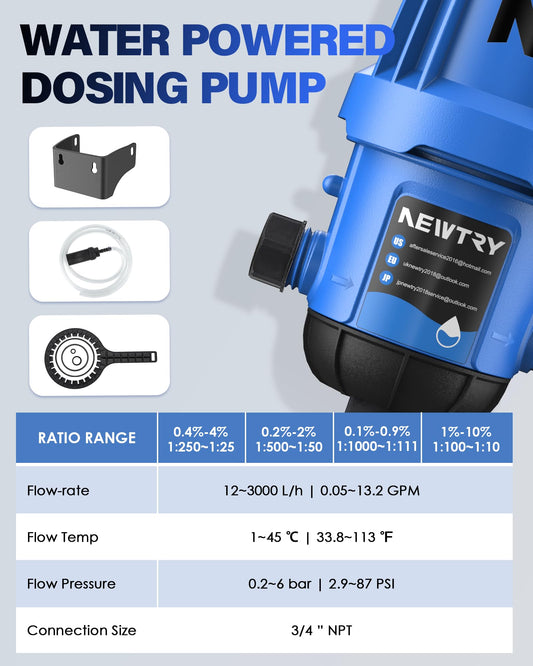 NEWTRY Fertilizer Injector for Drip Irrigation, 0.4%-4% Adjustable Dosing Pump, 3/4'' NPT Water Powered Liquid Doser for Garden, Greenhouse, Irrigation & Hydroponic System, Farm, Grow Tent