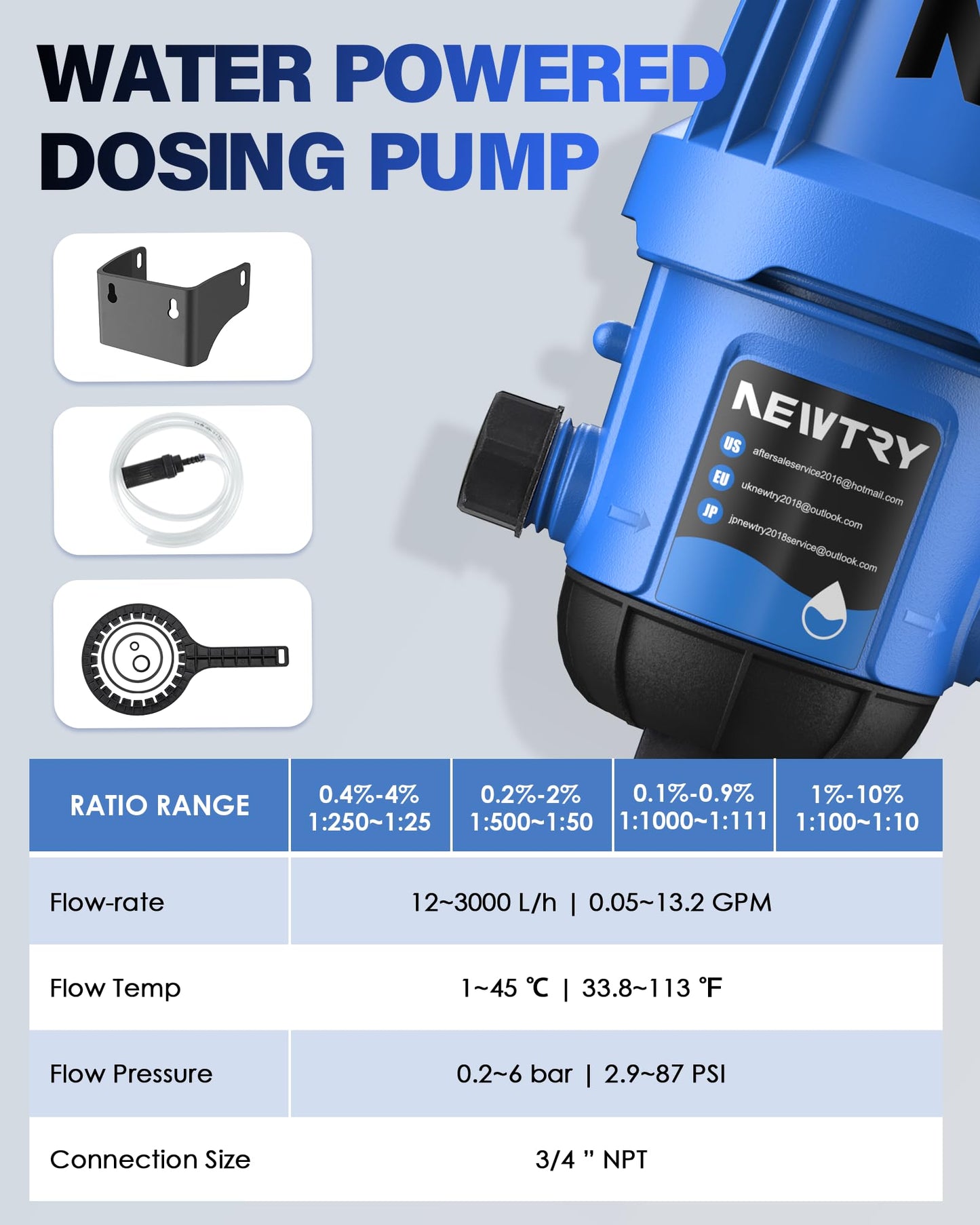 NEWTRY Fertilizer Injector for Drip Irrigation, 0.1%-0.9% Adjustable Dosing Pump, 3/4'' NPT Water Powered Liquid Doser for Garden, Greenhouse, Irrigation & Hydroponic System, Farm, Grow Tent
