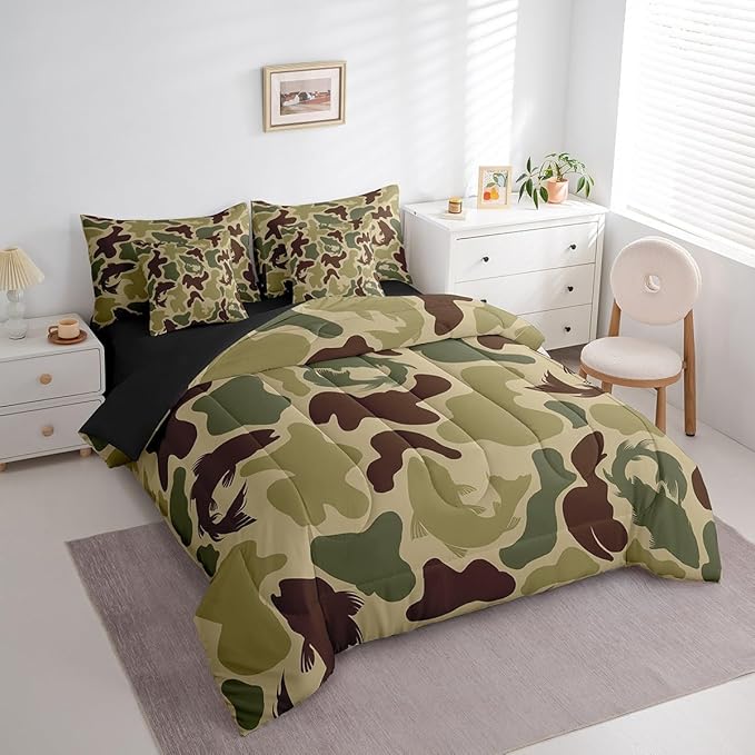 Feelyou Camouflage 7 Pieces Bedding Set Twin Size Green Camo Hunter Bedding Bed Set Set for Boys Teens Decor Pike Fishing Bed Set Includes Comforter, Sheet Set, Pillowcases Hunting Theme Bedroom