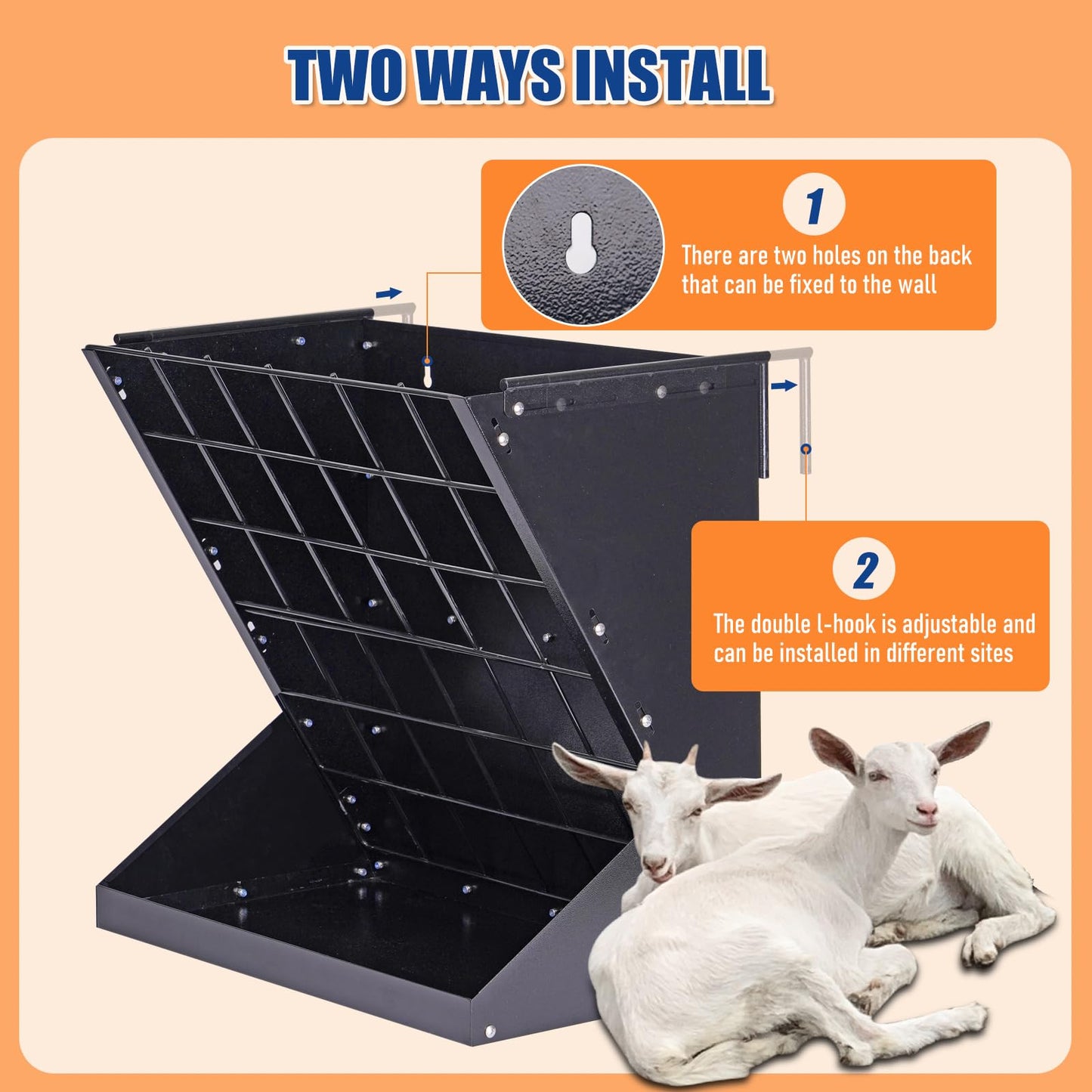 JLUHYANN 25 Gallon Hay Feeder for Goat 2 in 1 Heavy Duty Manger Hay and Grain Feeder Wall Mount Hay Rack Livestock Feeder No Waste with Adjustable Distance for Livestock Goats Sheep Horse