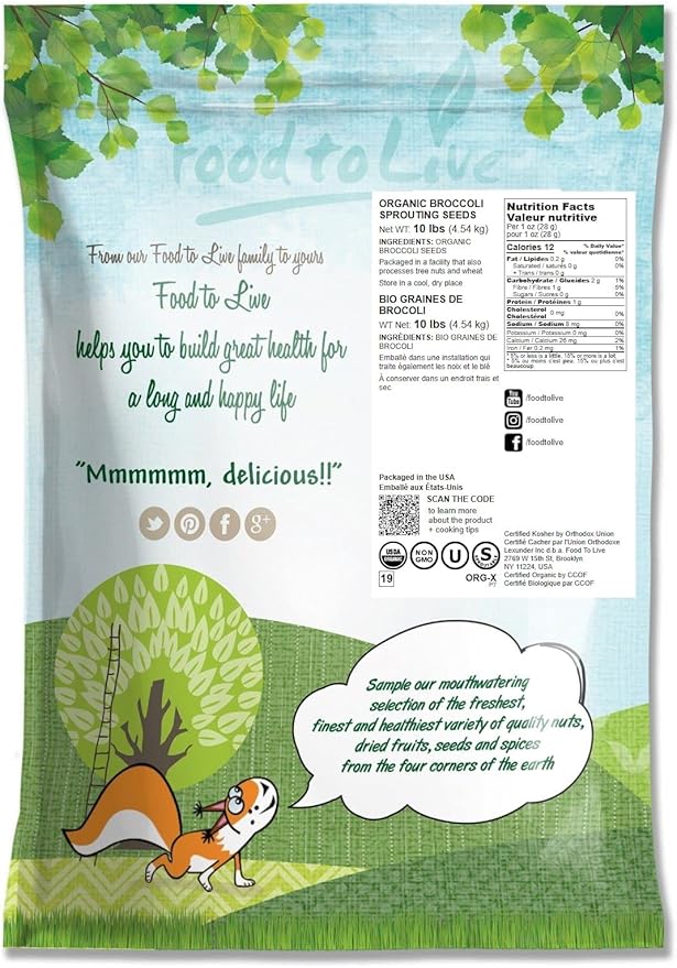 Food to Live Organic Broccoli Seeds for Sprouting, 10 Pounds – Non-GMO, Vegan, Kosher, Sirtfood, Bulk. Rich in Sulforaphane, Vitamin C. Grow Sprouts, Microgreens for Salads, and Sandwiches