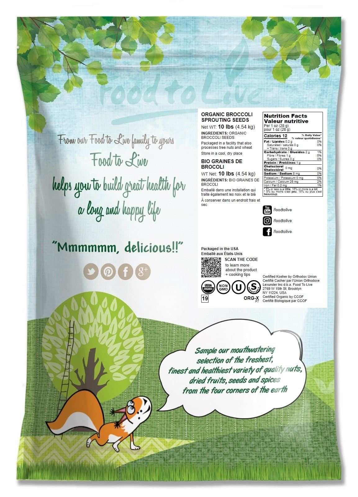 Food to Live Organic Broccoli Seeds for Sprouting, 10 Pounds – Non-GMO, Vegan, Kosher, Sirtfood, Bulk. Rich in Sulforaphane, Vitamin C. Grow Sprouts, Microgreens for Salads, and Sandwiches