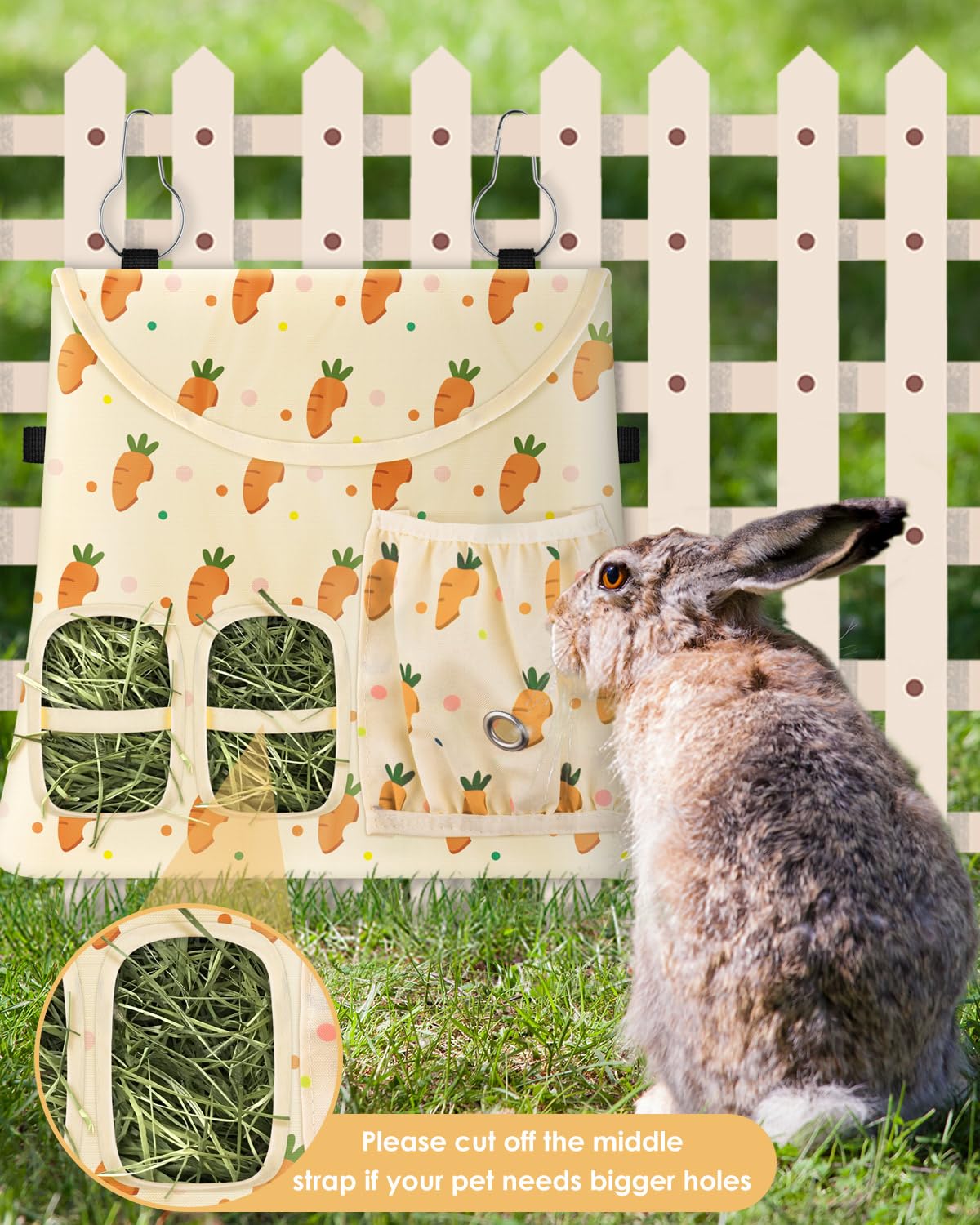 Bissap Rabbit Hay Feeder Bag, 2 Holes Hanging Hay Feeder Guinea Pig Hay Bag with Side Pocket for Rabbits Bunny Chinchillas Hamsters Rats and Other Small Pets Small Animal - Beige