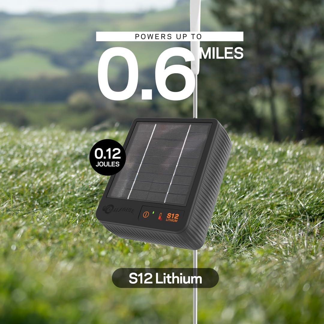Gallagher S12 Solar Electric Fence Charger | Powers Up to 4 Miles / 18 Acres of Fence | Solar Lithium Technology, 0.12 Stored Joule Energizer | Built-in Earthing | Portable and Super Tough