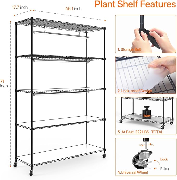 Bstrip Plant Shelf with Grow Light, 5 Tier Large Tall Plant Stand with 3FT T8 120W Grow Light for Indoor Plants, Full Spectrum LED Plant Light with wheel for Seedling, (47.2" Lx17.8 Wx71 H)