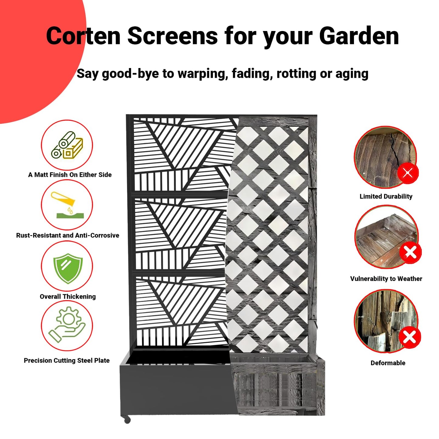 Metal Privacy Screen with Wheels – Galvanized Steel Garden Trellis & Planter Box for Climbing Plants/Vines– Galvanized Raised Garden Bed for Patio, Yard, Balcony