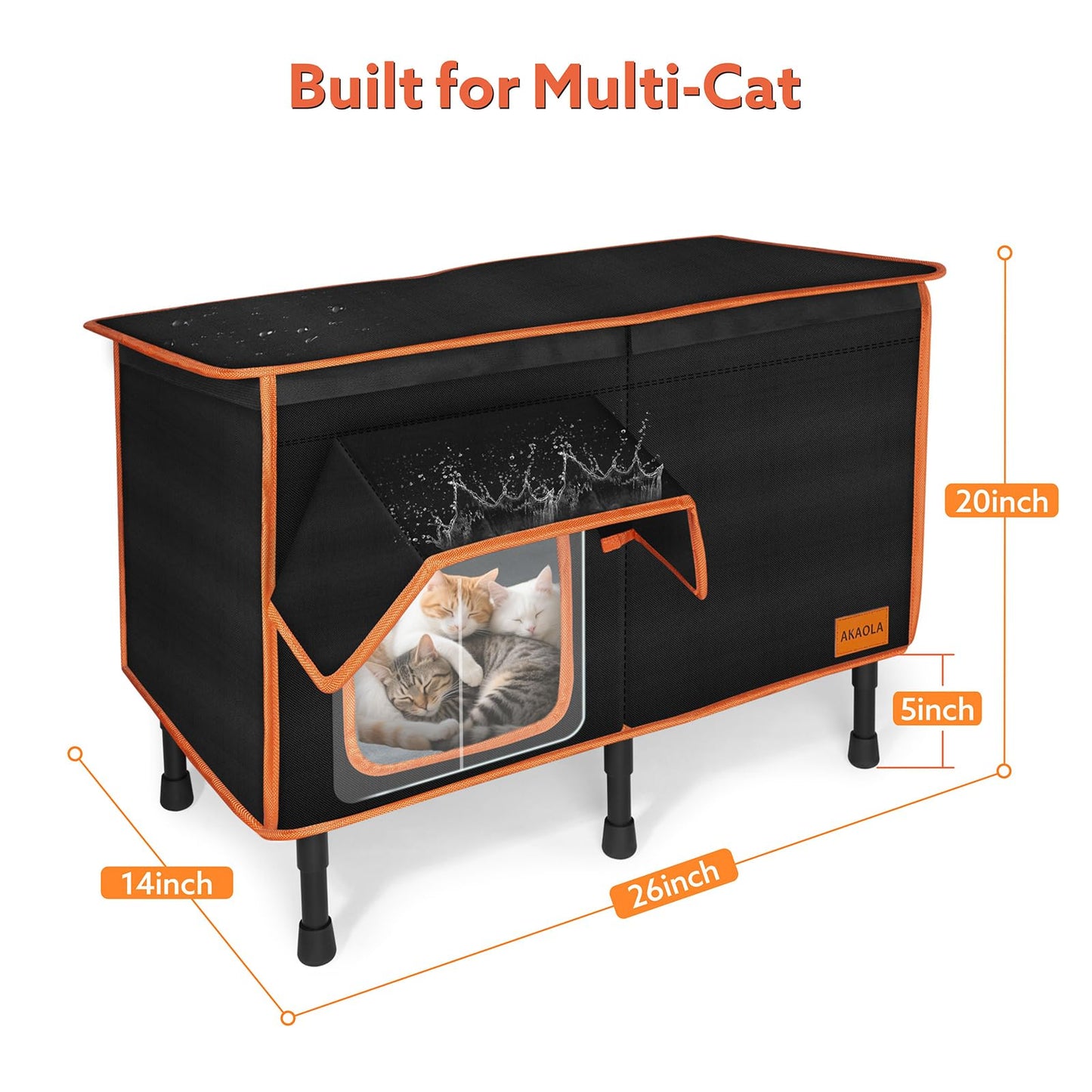 Heated Outdoor Cat House for Outside Winter 100% Waterproof Oxford Tarpaulin with Safe Escape Door and 5" Elevated Base with Heater for Feral Barn Cat Kitty (26“x20”x14“)