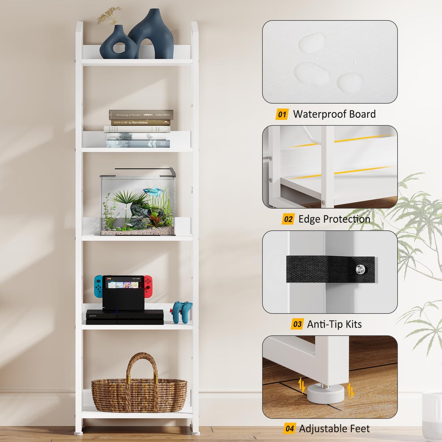 Hosfais Book Shelf Small Bookshelf: 5 Tier Wood Bookcase Industrial Bookshelf with Edge Protection Metal Narrow Bookcase Storage Organizer Display Rack for Bedroom Home Office, White