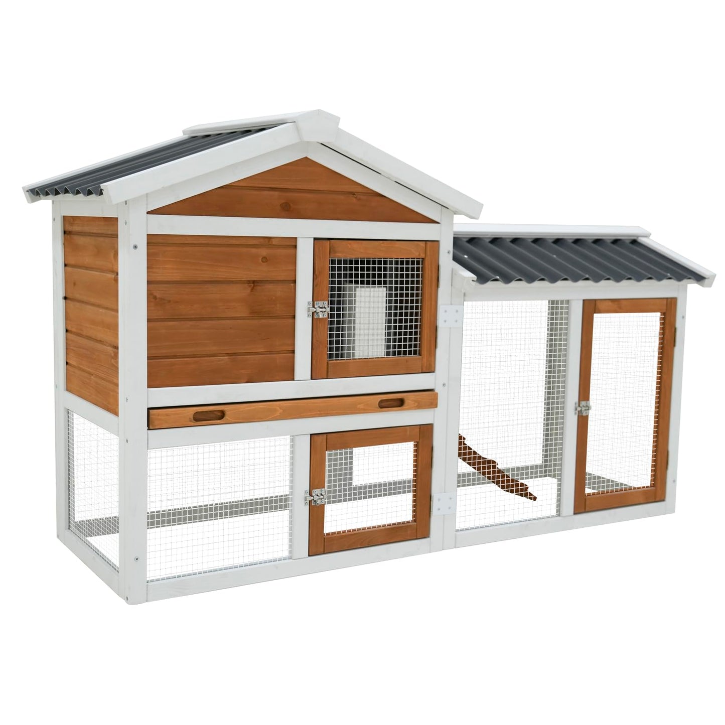 YOPTO 58" Rabbit Cage W/Ramp,Waterproof Rabbit Hutch W/Removable Tray,Wooden Bunny Cage Indoor W/Three Doors & Sloped Roof,Poultry Cage for Small to Medium Pets,Orange-Yellow+White