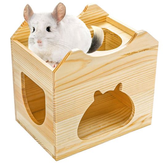 Yesland Wood Chinchilla House, Natural Small Animal Hideout Hut for Chinchilla, Squirrel, Sugar Gliders in Cage -Ventilated Wooden Hamster Habitat with Multiple Doors - 8.5 X 6 X 8 Inches