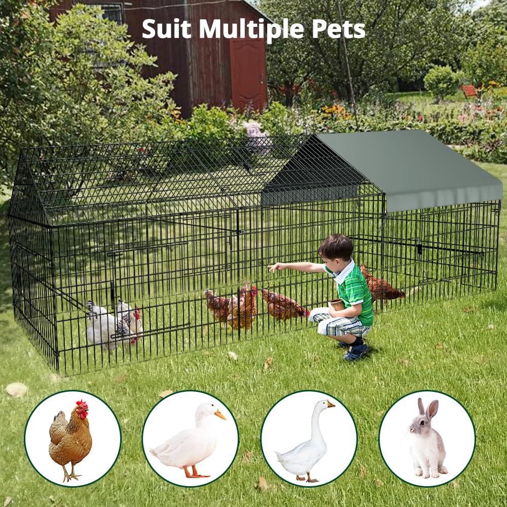 PawGiant Chicken Coop Chicken Run Pen for Yard with Cover 130"×40"×40" Outdoor Metal Portable Chicken Tractor Cage Enclosure Crate Outside for Small Animals Duck Rabbit Hen