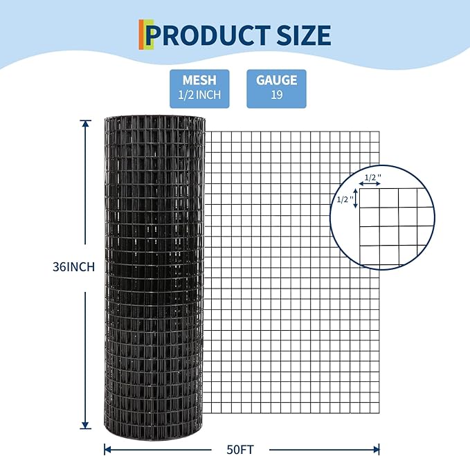 Hardware Cloth 1/2 Inch - 36in x 50ft Black Galvanized Chicken Wire Mesh Roll, Hot-Dipped After Welding for Chicken Coop, Rabbit Cages & Garden Fencing – Poultry Netting & Chicken Wire Fencing