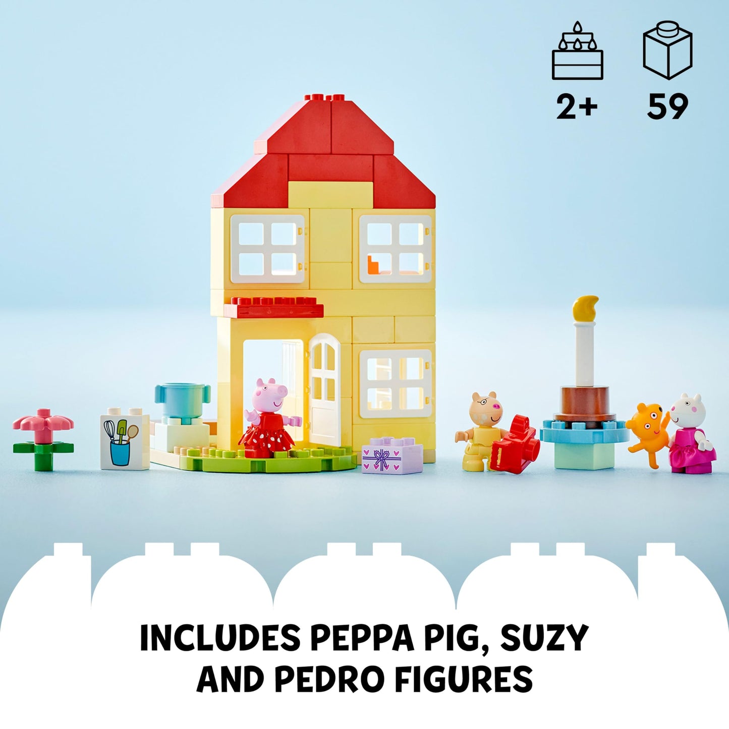 LEGO DUPLO Peppa Pig Birthday House Playset with 3 Animal Figures, Educational Toy for 2 Year Olds, Buildable Dollhouse for Creative Role Play, Peppa Pig Toy for Girls, Boys and Toddlers, 10433