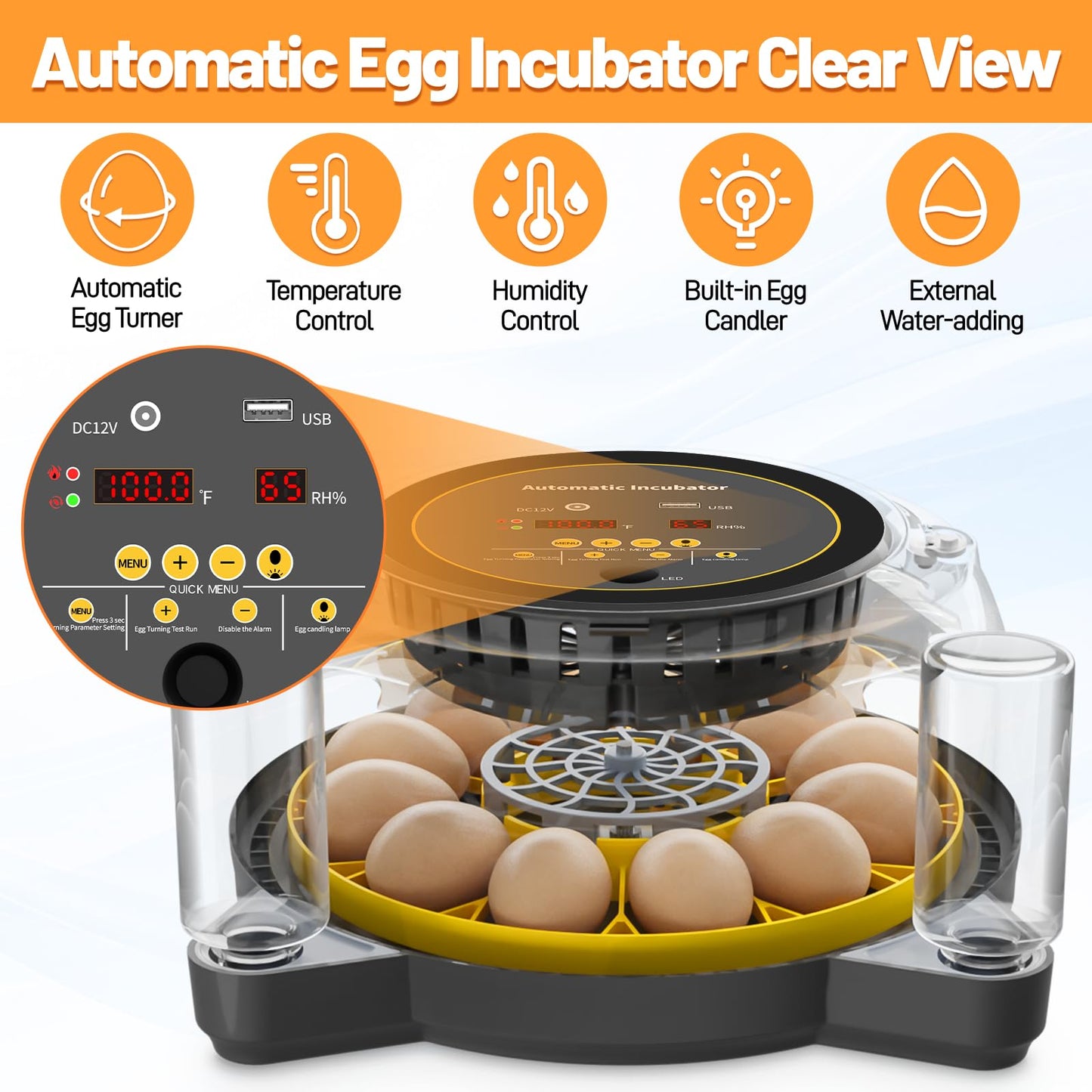 12 Incubators for Hatching Eggs, Egg Incubator with Automatic Egg Turning and Humidity Control, Incubator for Chicken Eggs, Egg Candler, Hatching Eggs for Chick Quail Duck, with Water Bottles -Black
