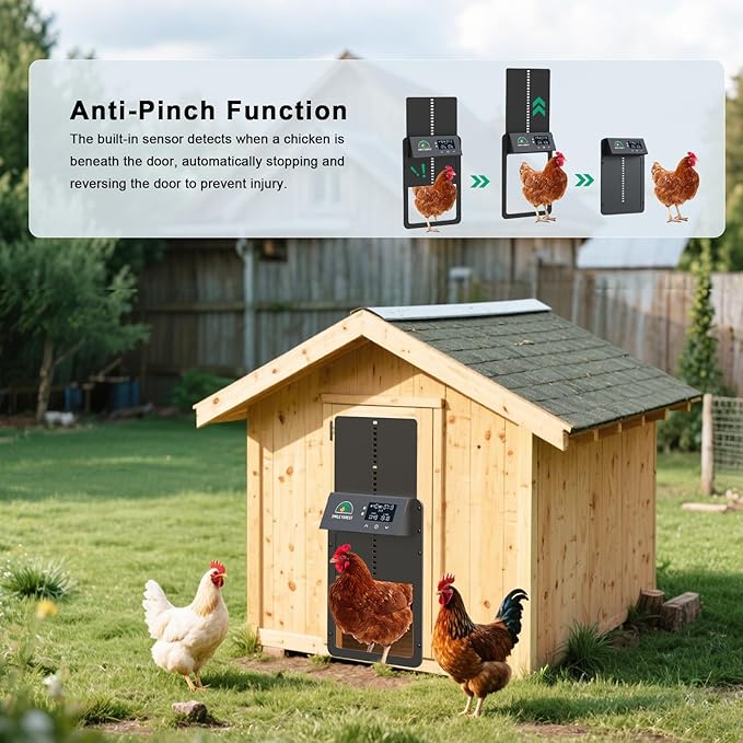 Automatic Chicken Coop Door,Solar Powered Chicken Coop Door with Multi-Mode,Aluminum Automatic Chicken Door,Anti-Pinch Coop Door with LCD Display,Automatic Coop Door with Timer&Light Sensor