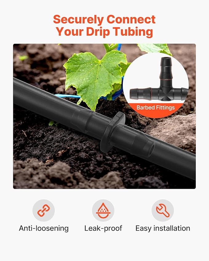 VEVOR Drip Irrigation Fittings Kit for 1/4" Tubing, 300 Pcs Drip Irrigation System Parts, Tees, Straight Barb, 4 Way Coupling, Elbows, End Plug, Single Barbs, Barbed Connectors for Yard Garden Lawn