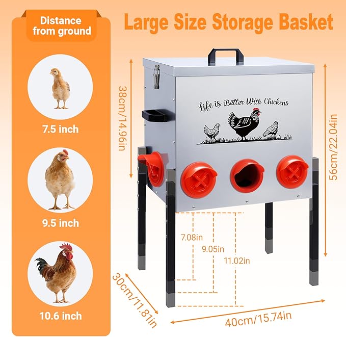 50LB Automatic Chicken Feeder–8 Feeding Ports No-Waste Galvanized Metal Chicken Feeder Box with Adjustable Legs & Locking Lid Poultry Feeder for Chickens,Ducks,Geese,Rust-Resistant