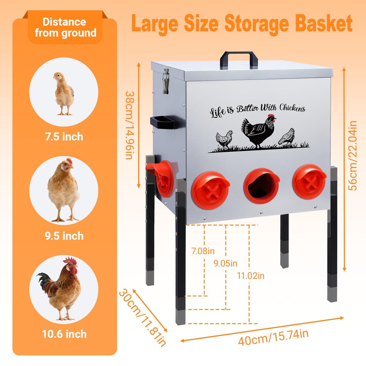 zeetmart 50LB Automatic Chicken Feeder–8 Feeding Ports No-Waste Galvanized Metal Chicken Feeder Box with Adjustable Legs & Locking Lid Poultry Feeder for Chickens,Ducks,Geese,Rust-Resistant