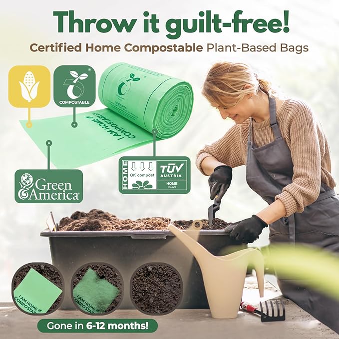 Compost Bags for Countertop Bin -Compostable Trash Bags made of Cornstarch - Leakproof & Tear Resistant Biodegradable Trash Bags - OK Compost Home & Seedlings Certified (8 Gallon, 100 Count)