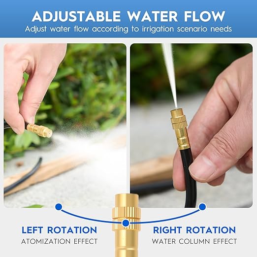 360° Automatic Drip Irrigation Kit - 5/16'' Tubing, Adjustable Universal Spray Nozzle, Copper Atomizing System for Garden/Lawn/Greenhouse - Multi-Directional Rotation, Quick Connectors, 33FT