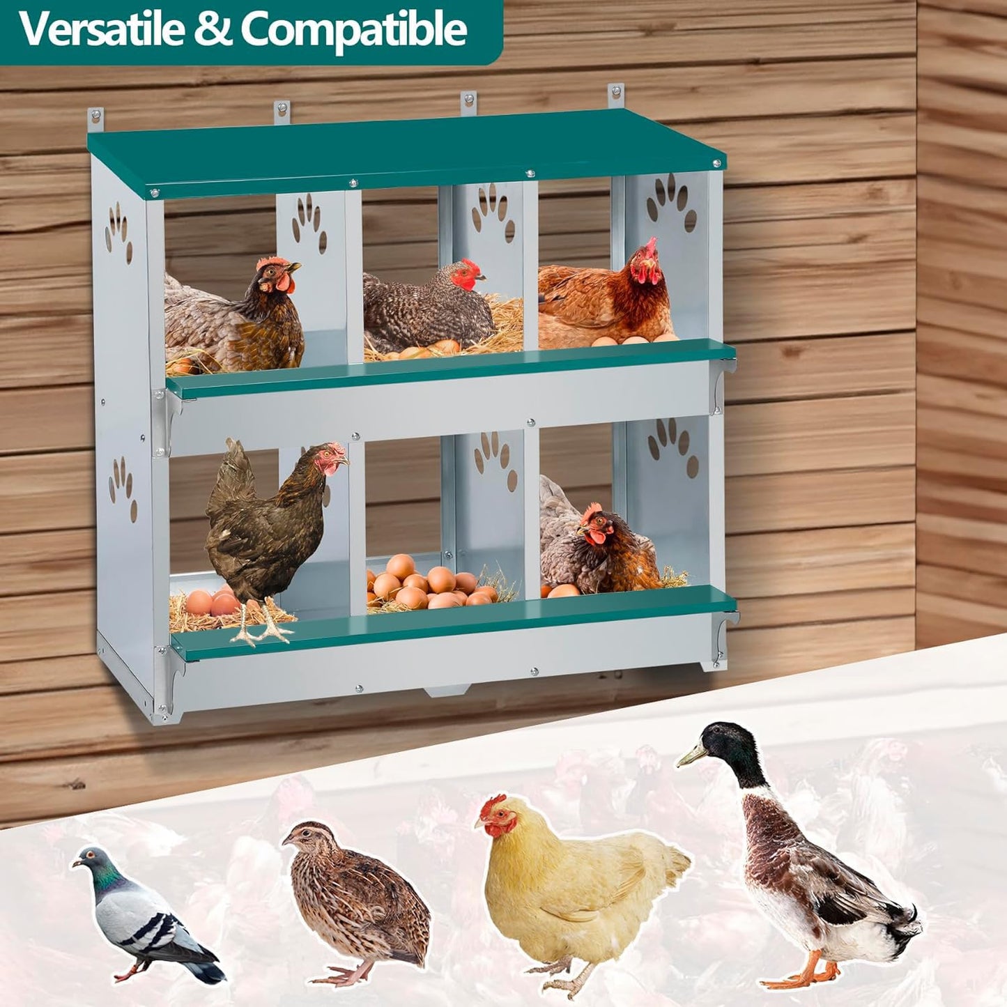 Toriexon Chicken Nesting Box, 6 Compartment Metal Nesting Box, 6 Room Wall Mountable Nesting Boxes for Chicken, Green