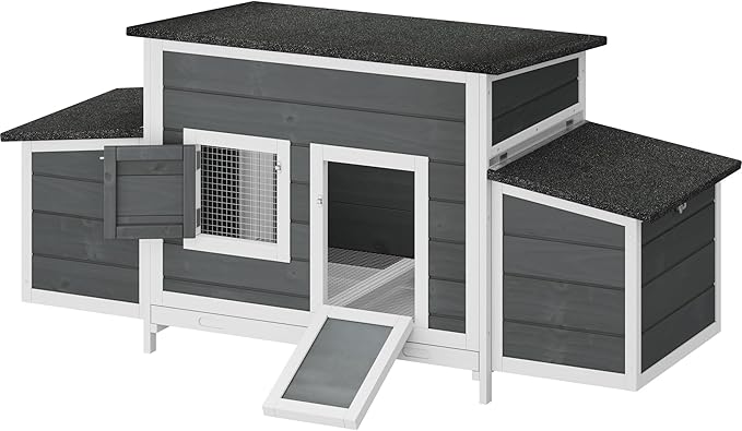DWVO Solid Wood Chicken Coop for 4-6 Chickens, Outdoor Wooden Chicken Run Pen with 2 Nesting Boxes, Poultry Cage Rabbit Hutch Duck Coop Hen House w Weatherproof Roof & Removable Tray, Grey