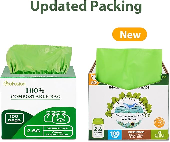 GreFusion 2.6 Gallon Compostable Trash Bags, 100 Count, Extra Thick 0.71 Mil, Certified by BPI and ASTM D6400, Perfect Fit for Small Trash Cans