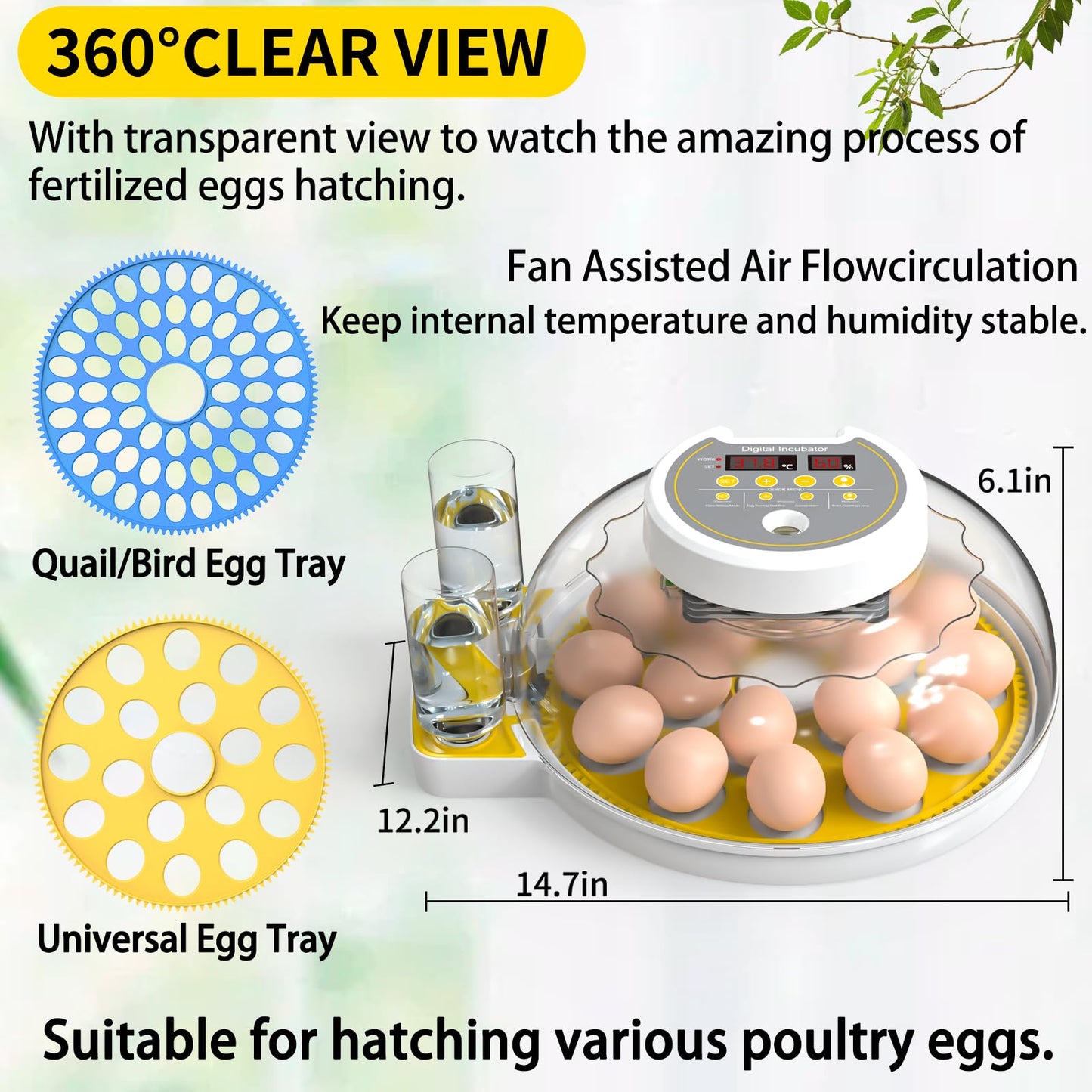 DEZHXHE 18/60 Incubator for Hatching Eggs, Egg Incubators with Humidity Display, Egg Candler, Automatic Egg Turner, Poultry Egg Incubator for Hatching Chicken Duck Goose Bird Quails- Yellow