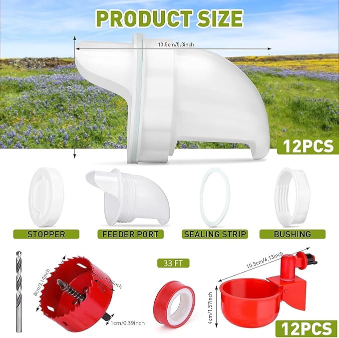 12 Pcs Chicken Feeder and Water Cup Kit, Gravity Chicken Waterer and Feeder Port Kit with Hole Saw and Sealing Tape, No Waste for Duck, Bird, Quail